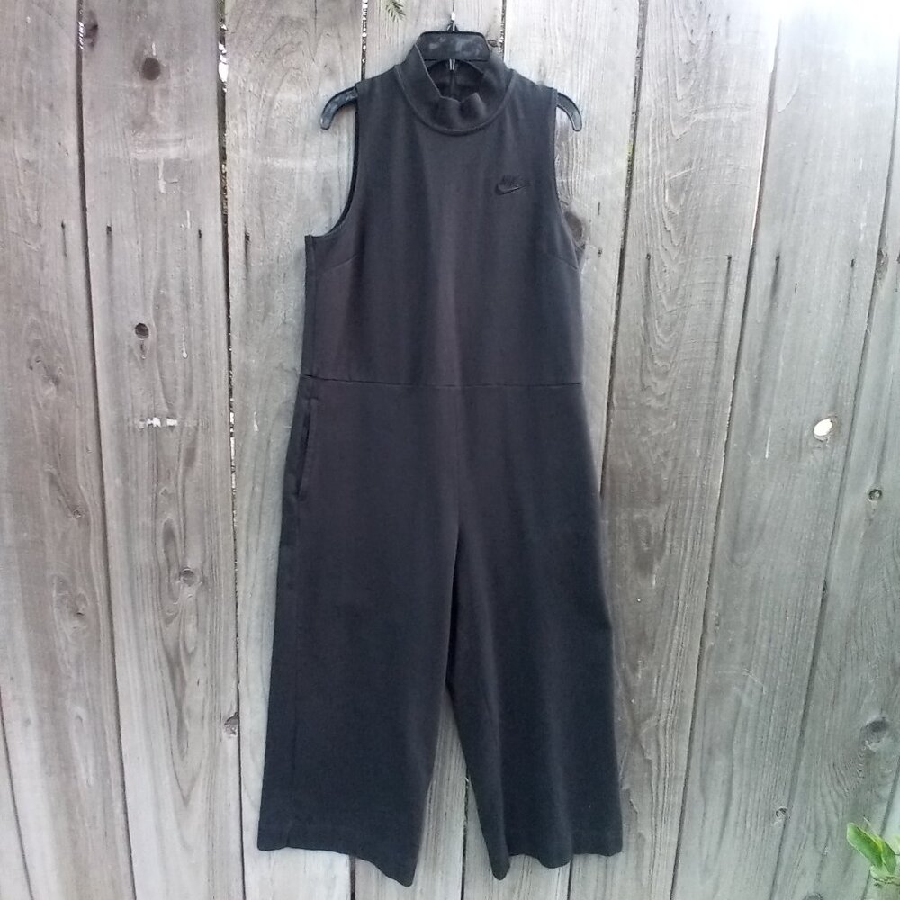 Nike Sportwear High Mock Neck Jersey Wide Leg Jumpsuit M Black Zip Sleeveless